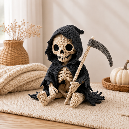 Grim Reaper Crochet Pattern PDF | Skeleton Amigurumi with Scythe | Gothic Halloween Crochet Decor | Spooky Shelf Sitter Pattern