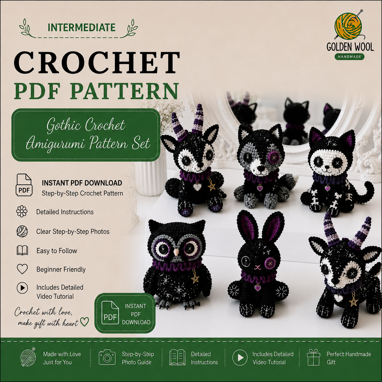 Gothic Animal Crochet Patterns – Spooky Amigurumi PDF Pattern Set