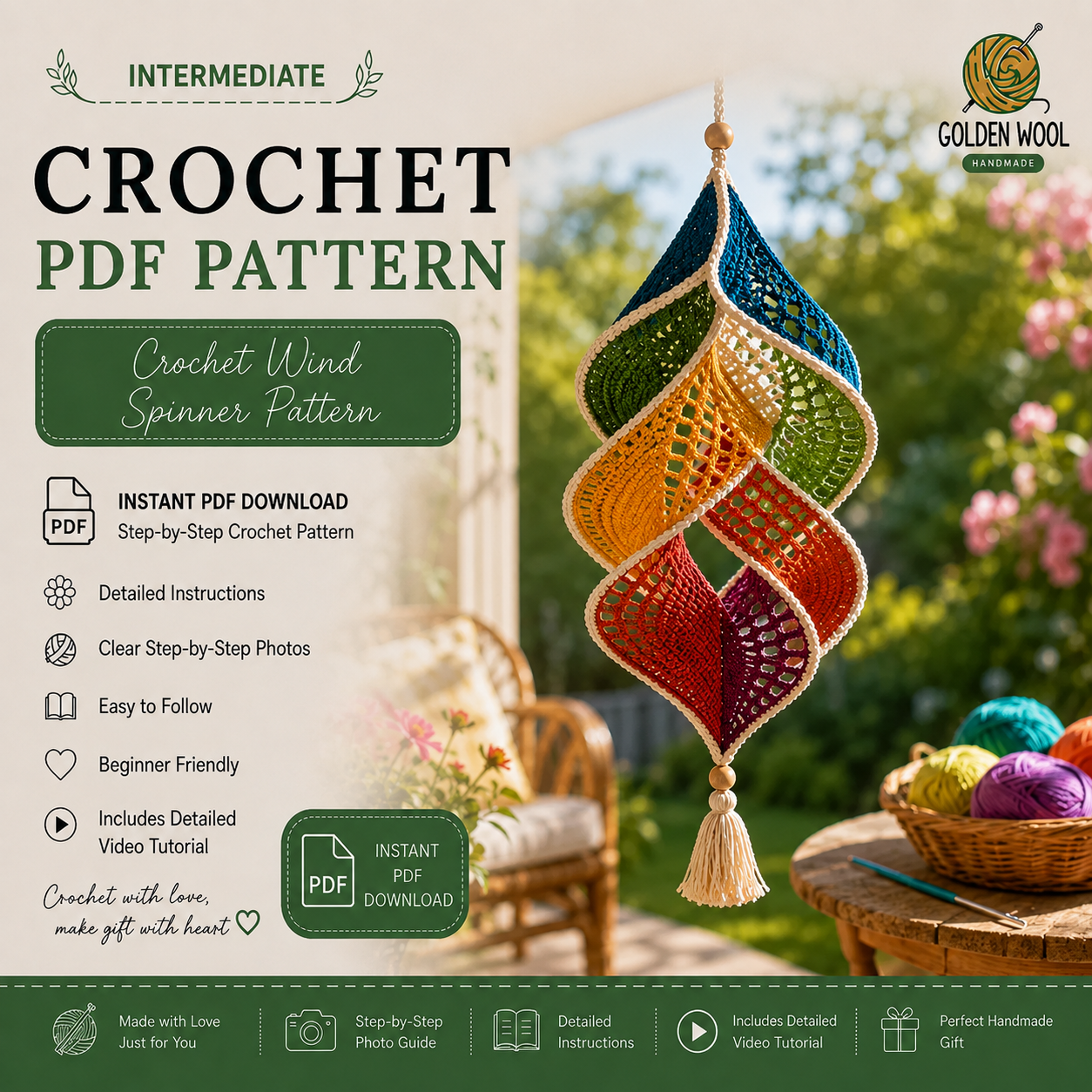 Crochet Wind Spinner Pattern PDF | Rainbow Spiral Hanging Decor | Boho Garden Ornament | Beginner-Friendly | Instant Download + Video Tutorial