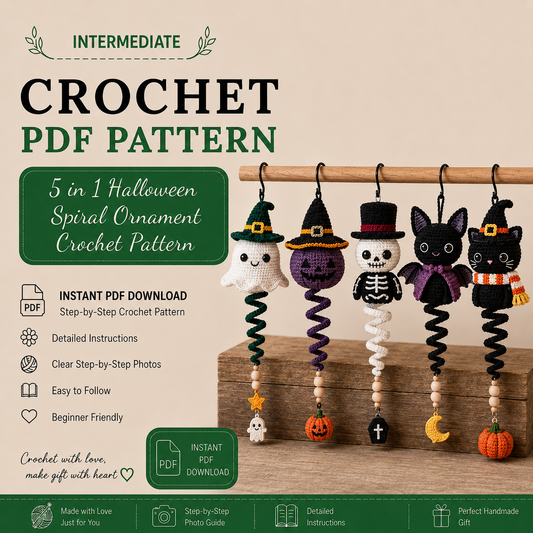 5 in 1 Halloween Spiral Ornament Crochet Pattern PDF | Ghost, Witch, Skeleton & Black Cat Amigurumi | Hanging Halloween Decor