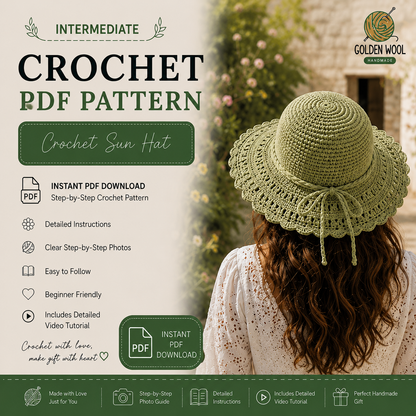 Crochet Sun Hat Pattern PDF – Scalloped Wide Brim Beach Hat | Summer Boho Sun Hat | Instant Digital Download with Video Tutorial