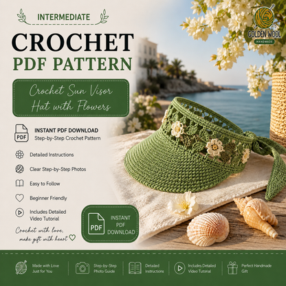 Crochet Sun Visor Hat with Flowers Pattern PDF – Floral Beach Visor | Summer Boho Sun Visor | Instant Digital Download with Video Tutorial