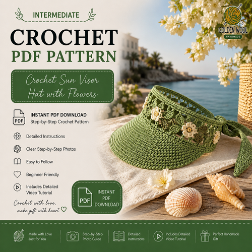 Crochet Sun Visor Hat with Flowers Pattern PDF – Floral Beach Visor | Summer Boho Sun Visor | Instant Digital Download with Video Tutorial