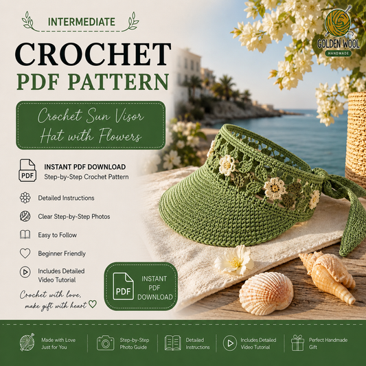 Crochet Sun Visor Hat with Flowers Pattern PDF – Floral Beach Visor | Summer Boho Sun Visor | Instant Digital Download with Video Tutorial
