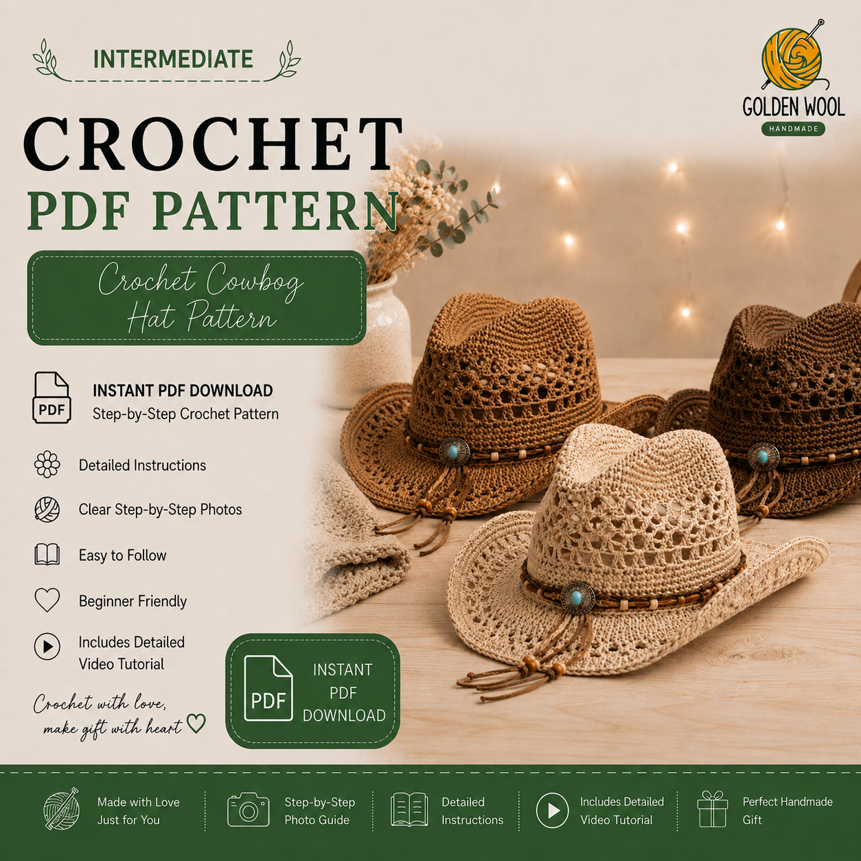 Crochet Cowboy Hat Pattern PDF + Video | Boho Western Cowgirl Hat | Mesh Crochet Sun Hat | Beginner Friendly | Instant Download