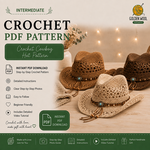 Crochet Cowboy Hat Pattern PDF + Video | Boho Western Cowgirl Hat | Mesh Crochet Sun Hat | Beginner Friendly | Instant Download