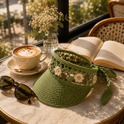 Crochet Sun Visor Hat with Flowers Pattern PDF – Floral Beach Visor | Summer Boho Sun Visor | Instant Digital Download with Video Tutorial