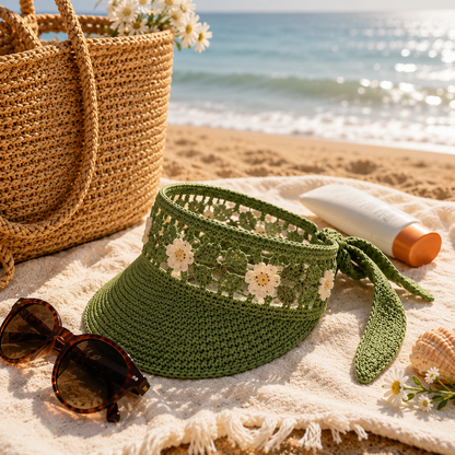 Crochet Sun Visor Hat with Flowers Pattern PDF – Floral Beach Visor | Summer Boho Sun Visor | Instant Digital Download with Video Tutorial