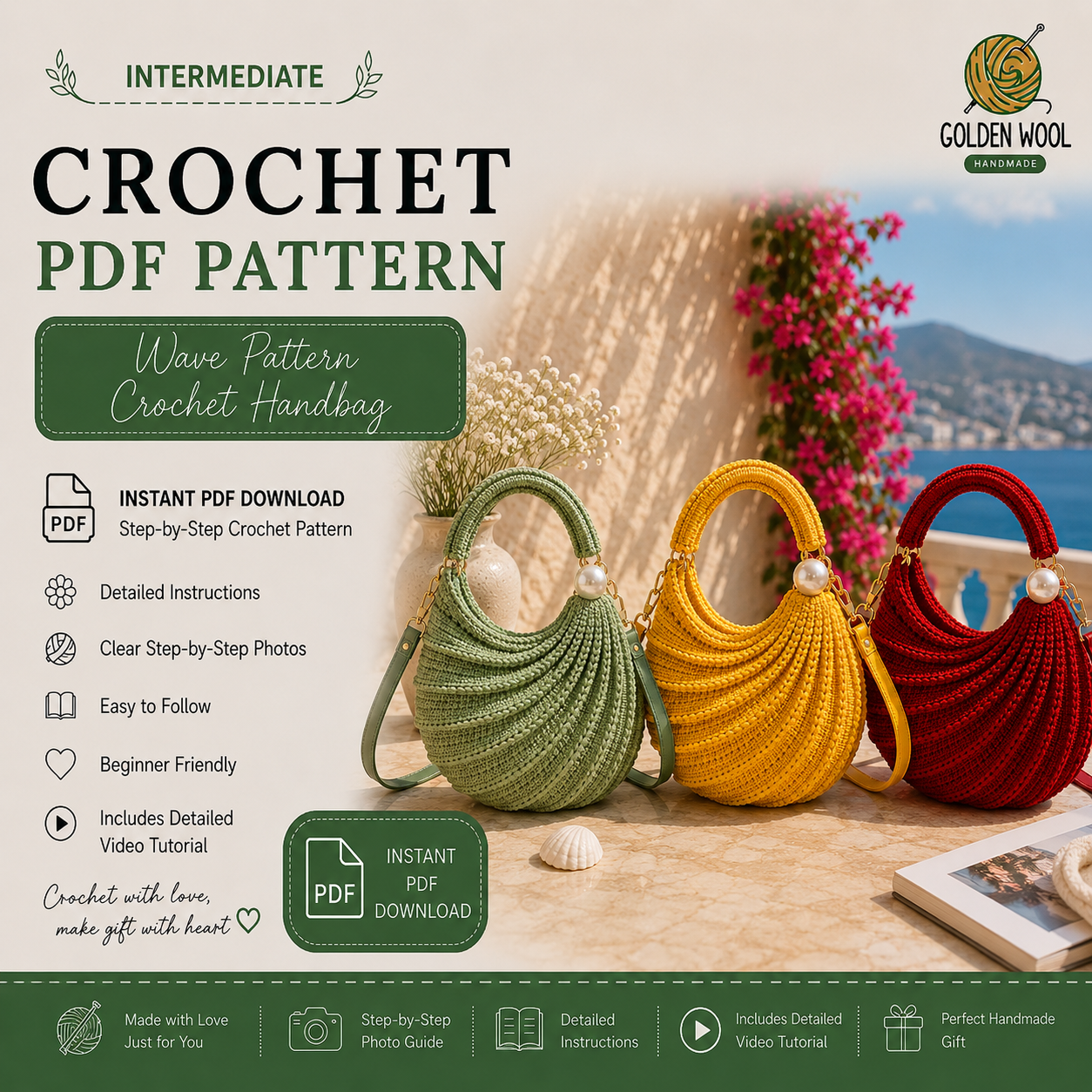 Golden Wool™ |Wave Pattern Crochet Handbag PDF Pattern | Elegant Crochet Purse Tutorial | Step-by-Step Photo Guide + Detailed Video Tutorial | Instant Digital Download