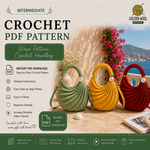 Golden Wool™ |Wave Pattern Crochet Handbag PDF Pattern | Elegant Crochet Purse Tutorial | Step-by-Step Photo Guide + Detailed Video Tutorial | Instant Digital Download