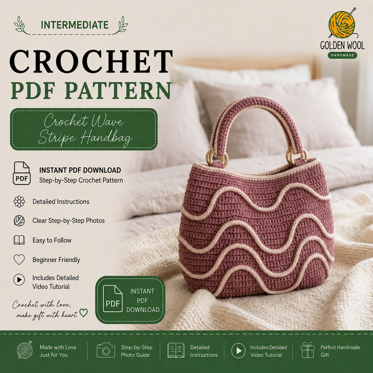 Crochet Wave Stripe Handbag Pattern PDF + Video | Modern Crochet Purse | Boho Top Handle Bag | Beginner Friendly | Instant Download