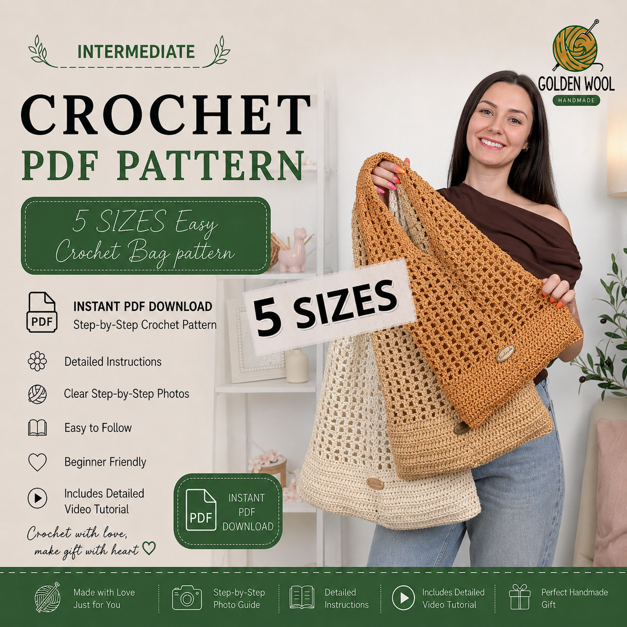 5 Sizes Easy Crochet Bag Pattern PDF | Sydney Crochet Tote Bag | Mesh Market Bag | Beach & Shopping Bag | Beginner-Friendly | Instant Download + Video Tutorial