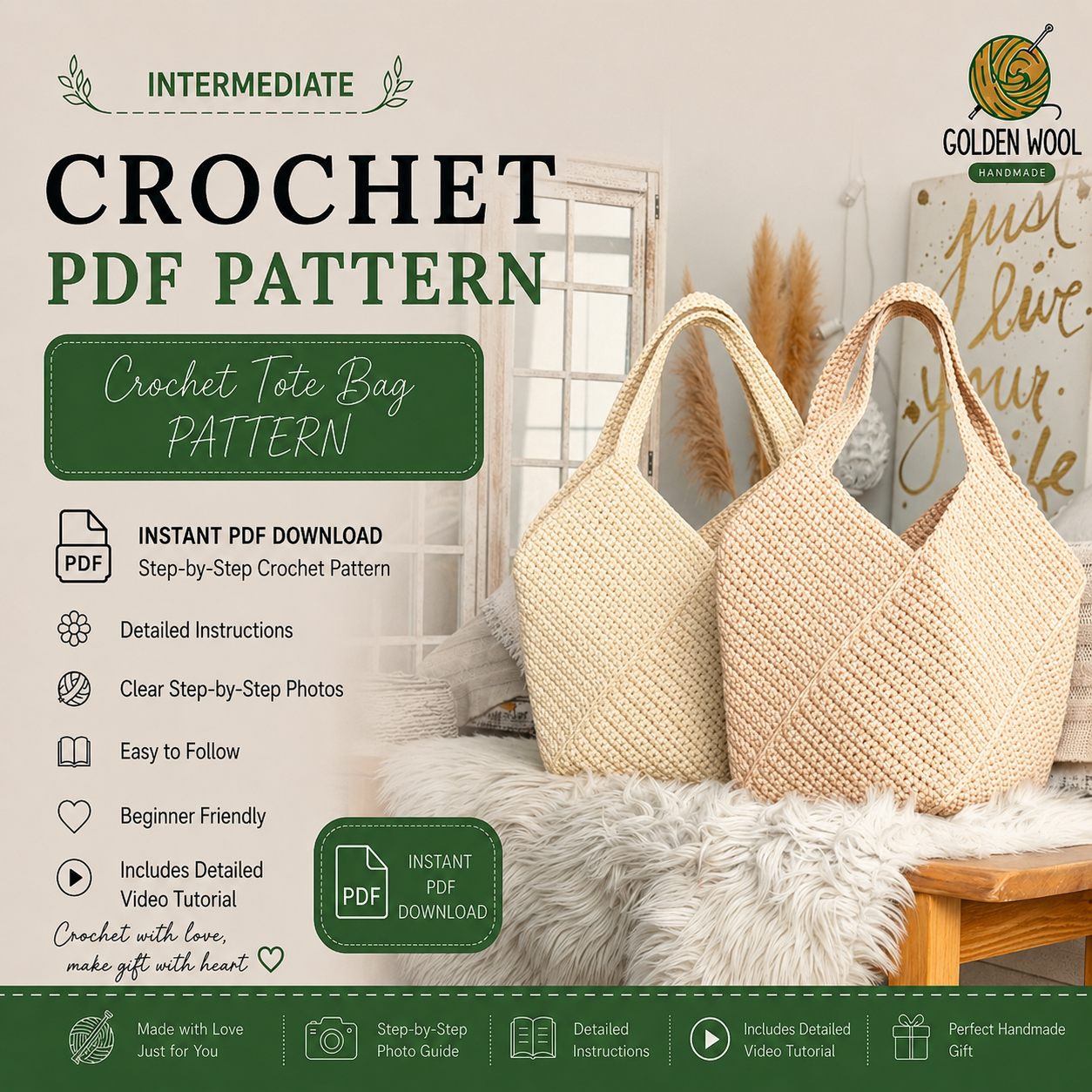 Crochet Tote Bag Pattern PDF | Beginner-Friendly Shoulder Bag Tutorial | Modern Beach Tote | Shopping Bag Crochet Pattern | Instant Download + Video Tutorial