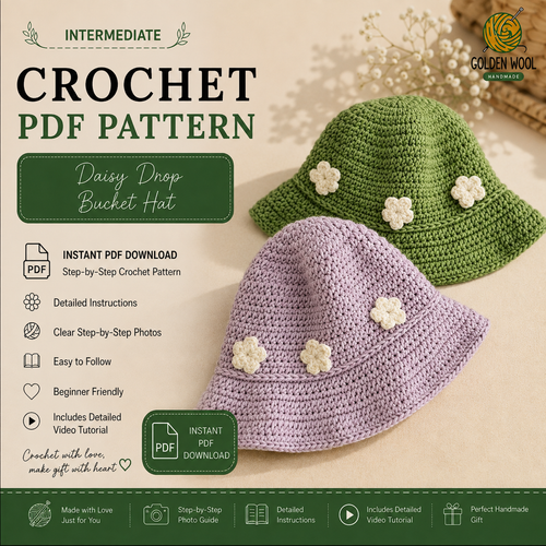 Daisy Drop Bucket Hat Crochet Pattern PDF | Beginner Bucket Hat Tutorial | Floral Summer Hat | Easy Crochet Hat Pattern | Instant Digital Download