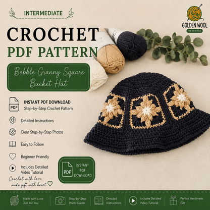 Bobble Granny Square Bucket Hat Crochet Pattern PDF | Beginner-Friendly Floral Bucket Hat | Granny Square Hat Tutorial | Easy Crochet Hat Pattern | Instant Download