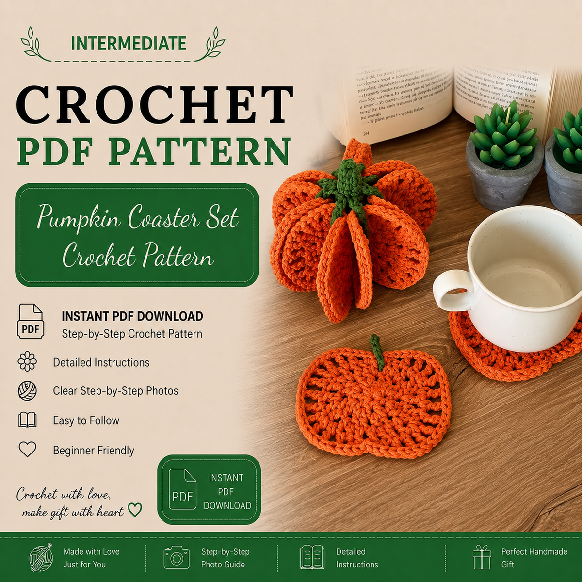 8-in-1 Pumpkin Coaster Set Crochet Pattern PDF | 8 Coasters Transform Into a 3D Pumpkin | Fall Halloween Table Decor