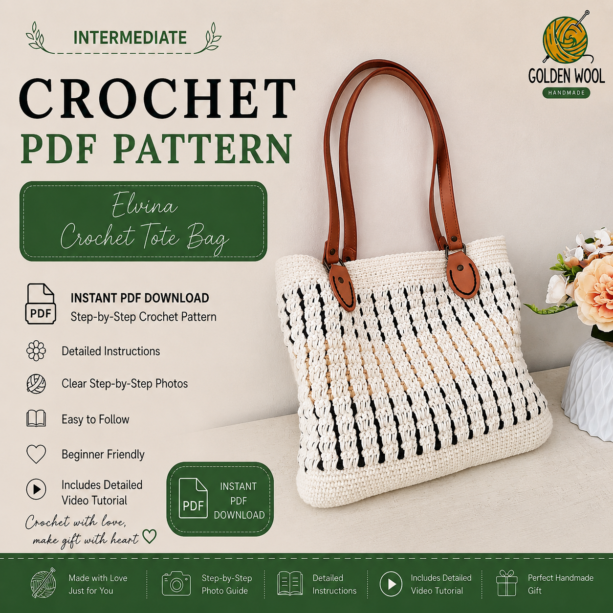 Elvina Crochet Tote Bag Pattern PDF | Beginner-Friendly Shoulder Tote | Elegant Market Bag | Modern Crochet Purse Tutorial | Instant Digital Download