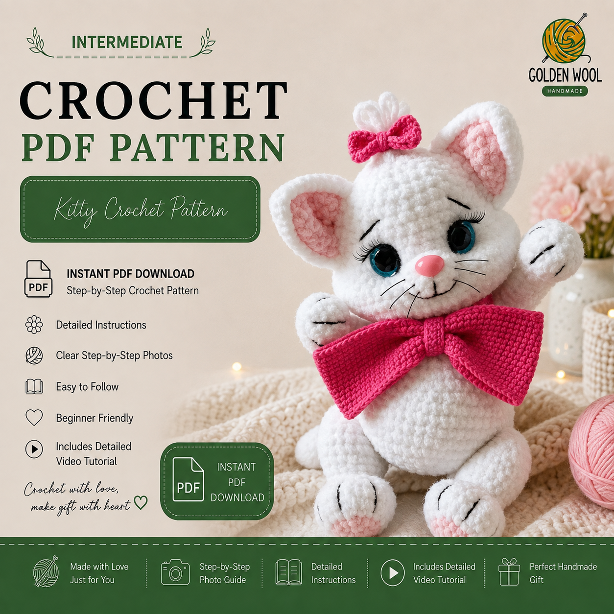 Kitty with a Bow Crochet Pattern PDF | Cute Cat Amigurumi Pattern | Low-Sew Plush Kitten | Beginner Friendly | Instant Download