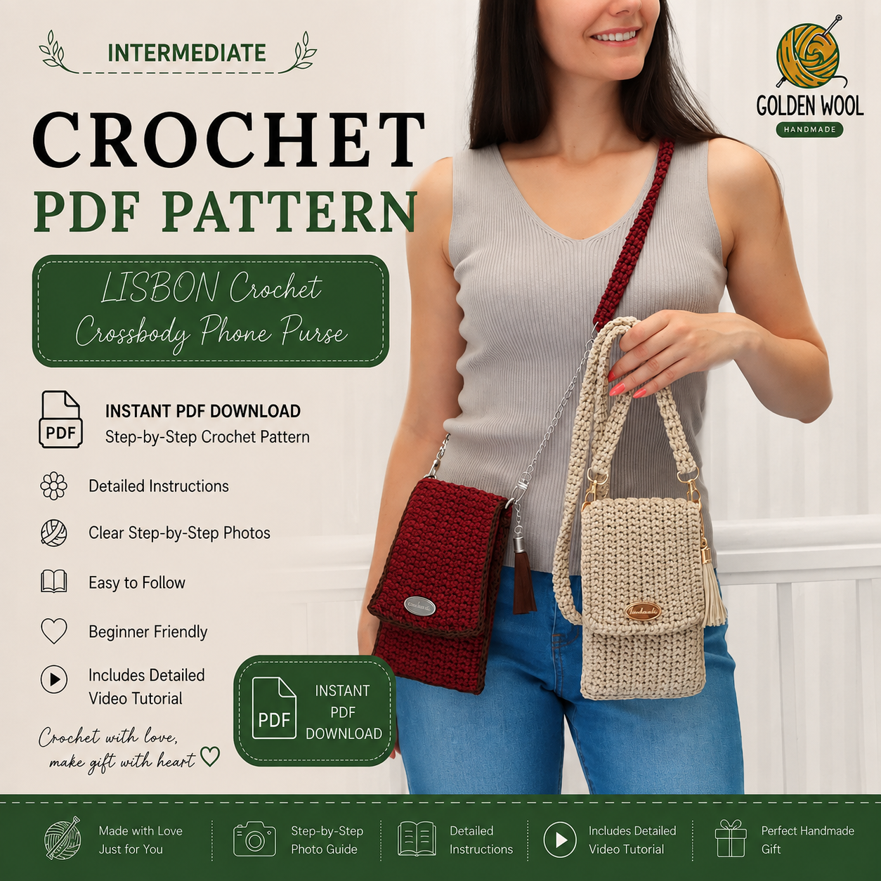 LISBON Crochet Crossbody Phone Purse Pattern PDF | Beginner-Friendly Phone Bag Tutorial | Crochet Phone Holder | Mini Crossbody Bag | Instant Digital Download