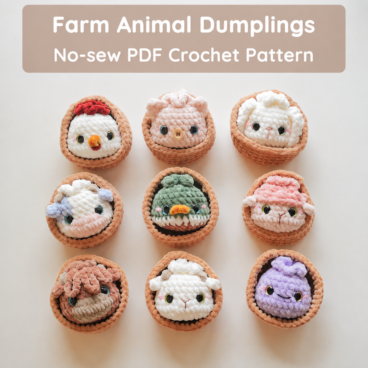 Dumpling Farm Animals No-Sew Crochet Pattern Bundle | 10-in-1 Amigurumi Bao Animals + Steamer Basket | Beginner PDF Pattern