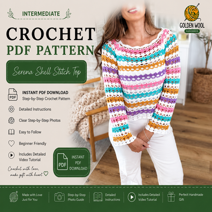 Serena Shell Stitch Top Crochet Pattern PDF + Video | Top-Down Crochet Sweater | XS–5X | Short & Long Sleeve Top | Instant Download