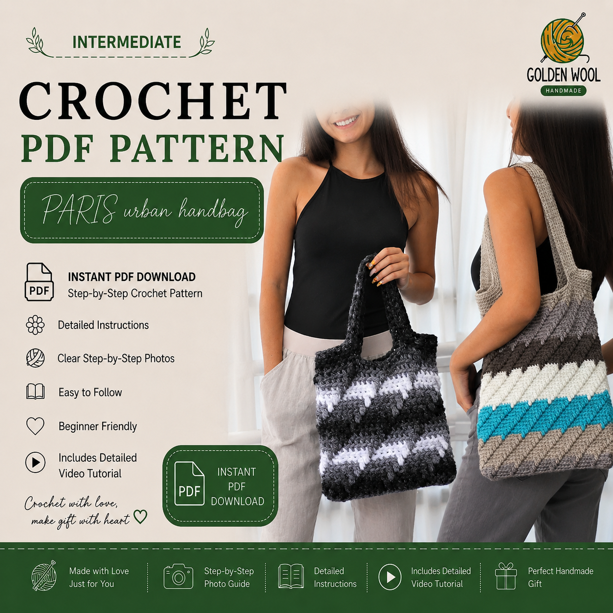 PARIS Urban Handbag Crochet Pattern PDF | Modern Tote Bag Tutorial | Beginner-Friendly Crochet Purse | Boho Market Bag | Instant Digital Download