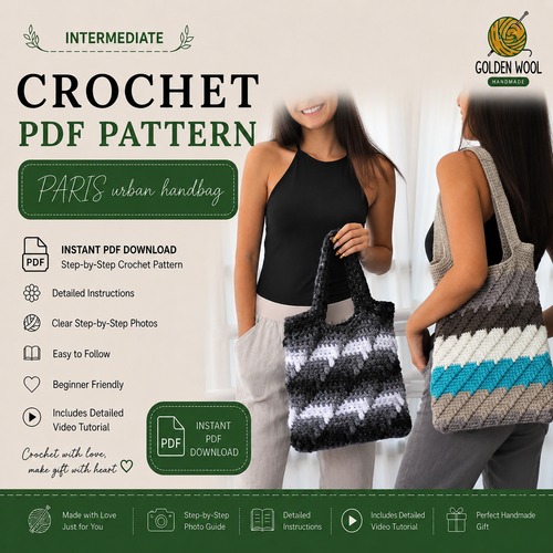 PARIS Urban Handbag Crochet Pattern PDF | Modern Tote Bag Tutorial | Beginner-Friendly Crochet Purse | Boho Market Bag | Instant Digital Download