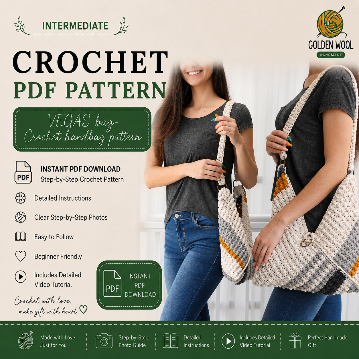 VEGAS Crochet Handbag Pattern PDF | Folded Boho Tote Bag Tutorial | Beginner-Friendly Crochet Purse | Market & Beach Bag | Instant Digital Download