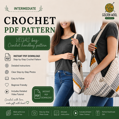 VEGAS Crochet Handbag Pattern PDF | Folded Boho Tote Bag Tutorial | Beginner-Friendly Crochet Purse | Market & Beach Bag | Instant Digital Download