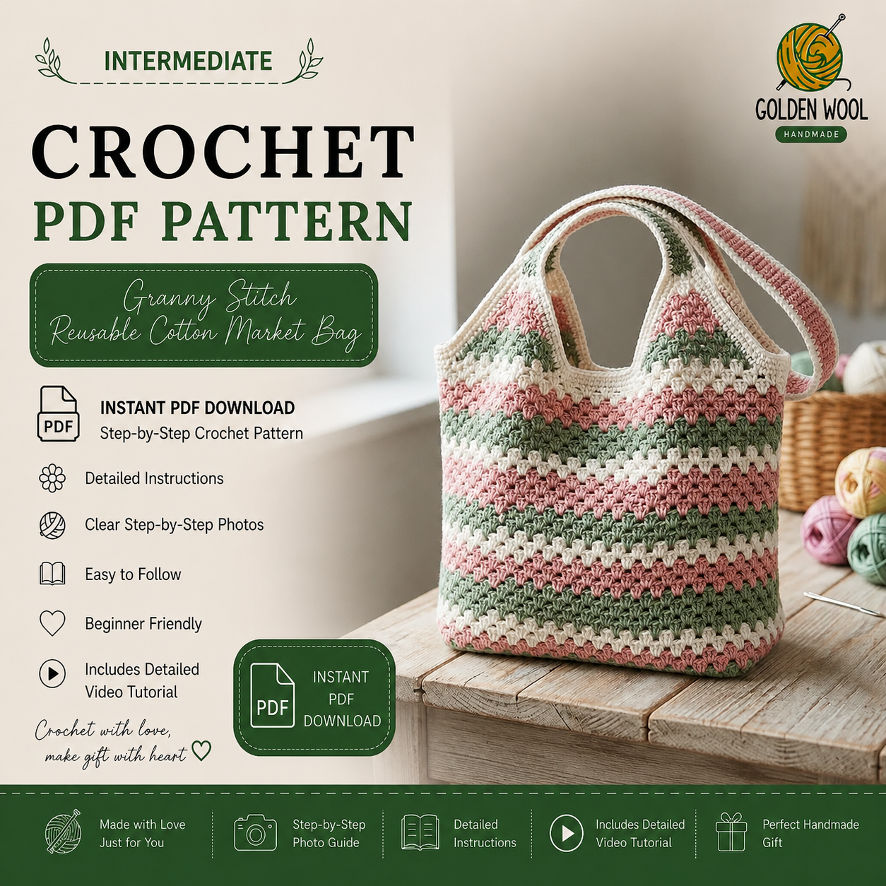 Granny Stitch Reusable Cotton Market Bag Crochet Pattern PDF | Beginner-Friendly Tote Bag | Farmer's Market & Beach Bag | Instant Digital Download