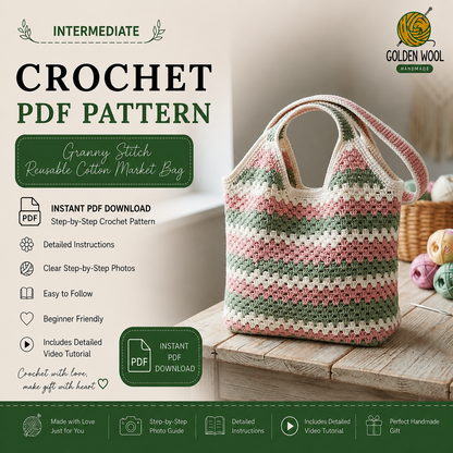 Granny Stitch Reusable Cotton Market Bag Crochet Pattern PDF | Beginner-Friendly Tote Bag | Farmer's Market & Beach Bag | Instant Digital Download