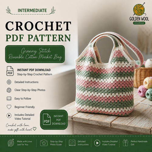 Granny Stitch Reusable Cotton Market Bag Crochet Pattern PDF | Beginner-Friendly Tote Bag | Farmer's Market & Beach Bag | Instant Digital Download