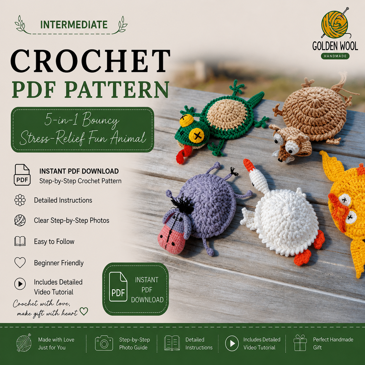 5-in-1 Funny Animal Coasters Crochet Pattern PDF | Squirrel, Frog, Duck, Swan & Donkey | Stress-Relief Crochet | Instant Download