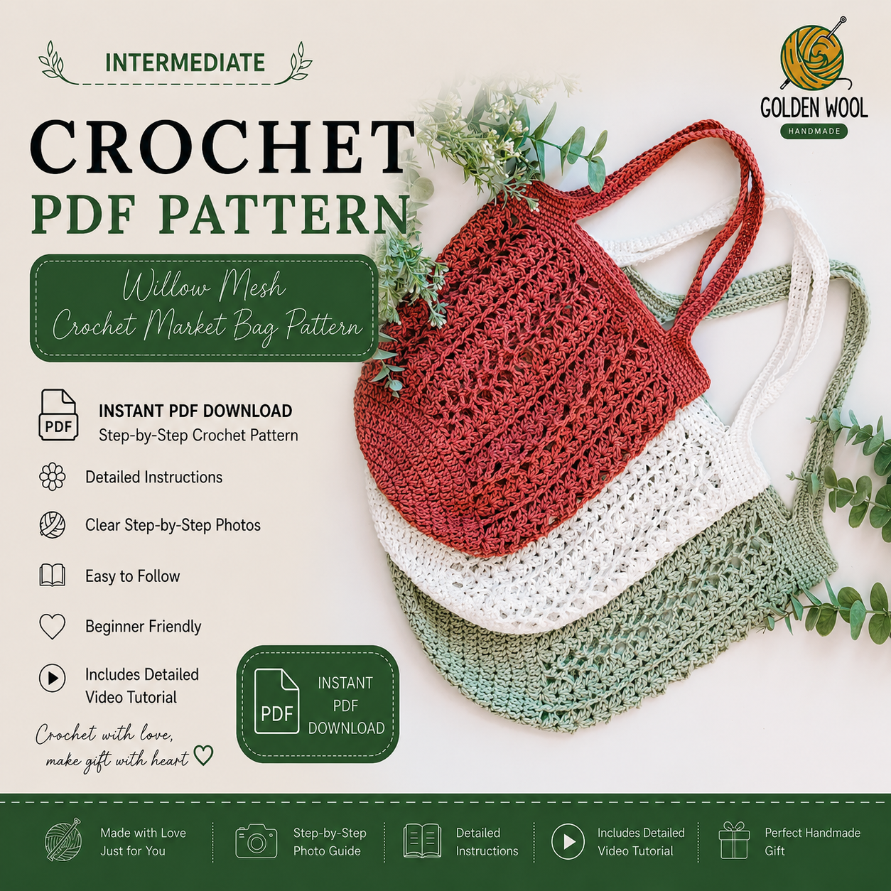 Willow Mesh Crochet Market Bag Pattern PDF | Easy Reusable Tote Bag | Beginner-Friendly Grocery & Beach Bag | 3 Sizes | Instant Digital Download