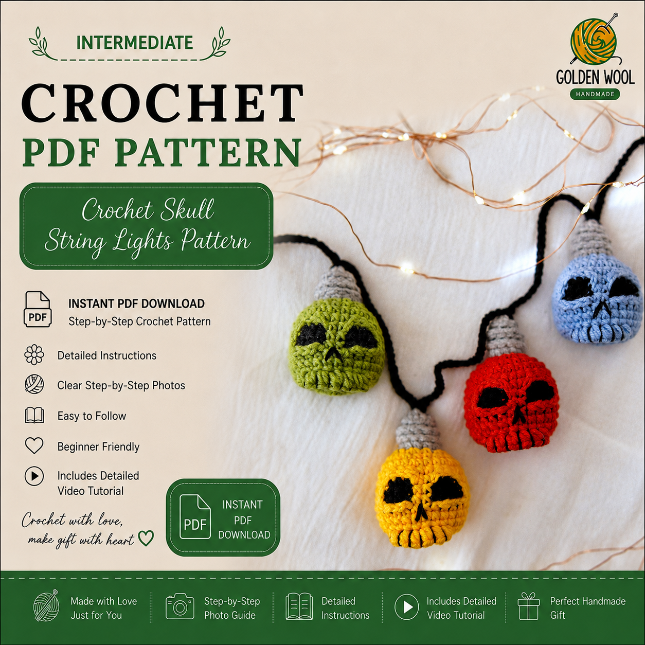 Crochet Skull String Lights Pattern – Halloween Skull Garland PDF Pattern