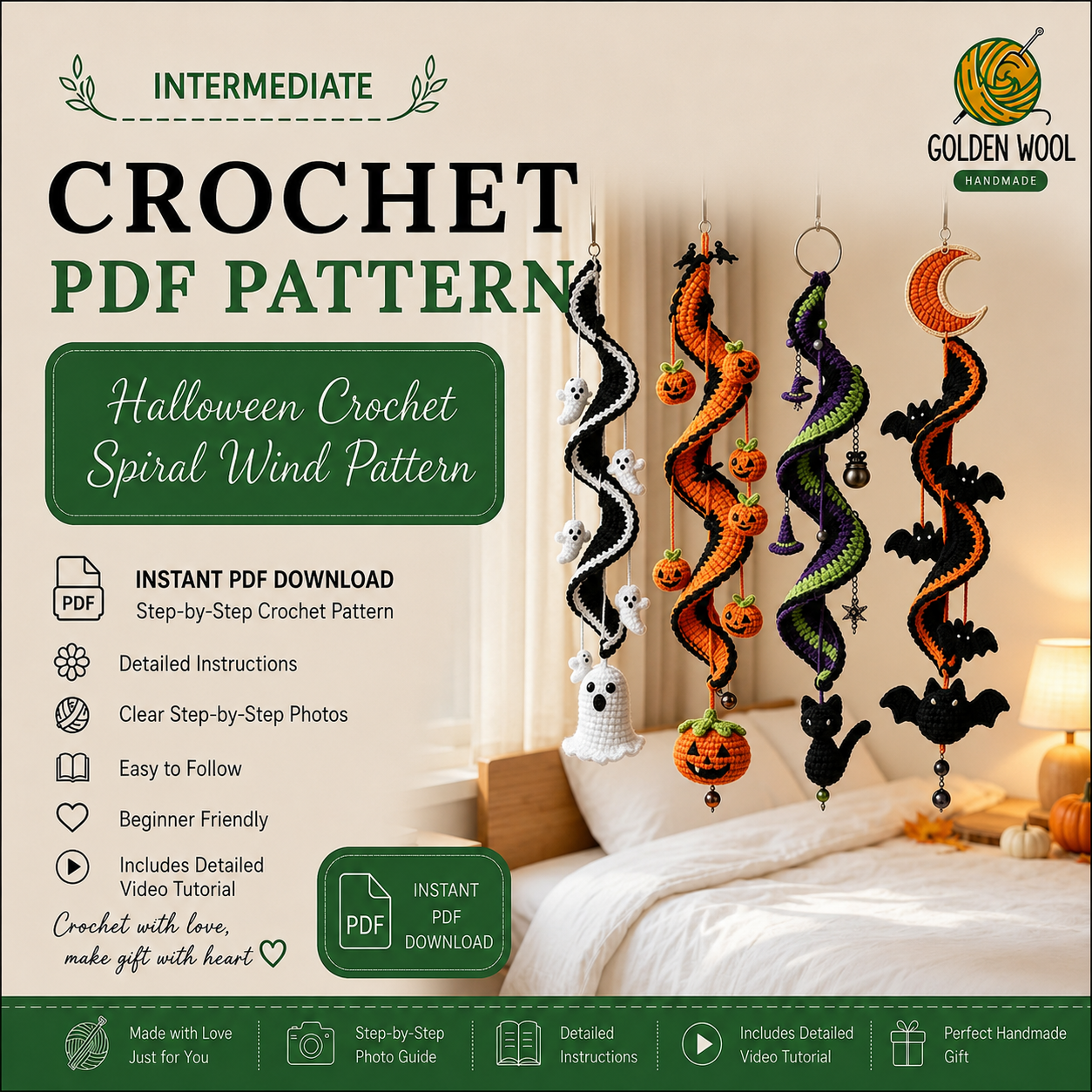 Halloween Crochet Spiral Wind Pattern – Ghost, Pumpkin, Cat & Bat Hanging Decor PDF