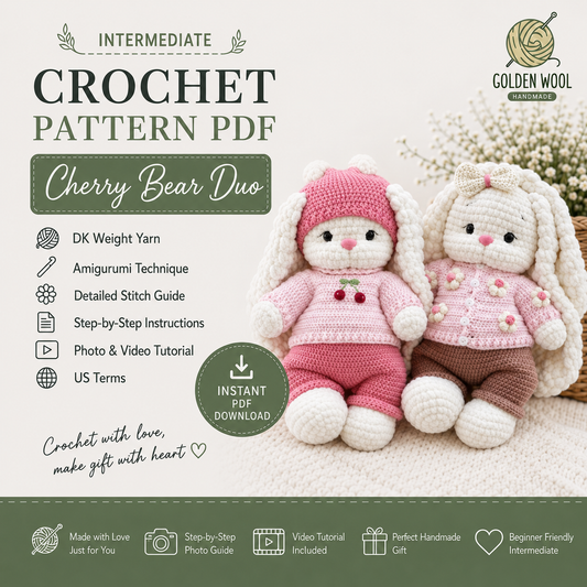 Cherry Bear Duo Crochet Outfit Pattern PDF | 2 Bunny Clothes Patterns - Golden Wool