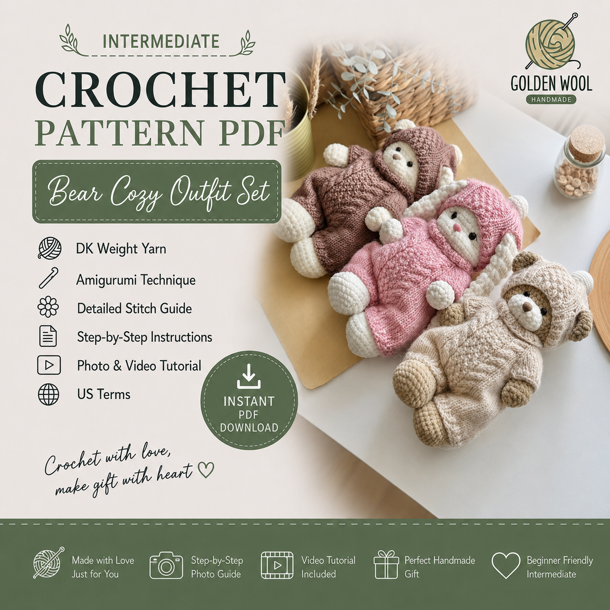 Bear Cozy Outfit Crochet Pattern PDF - Golden Wool