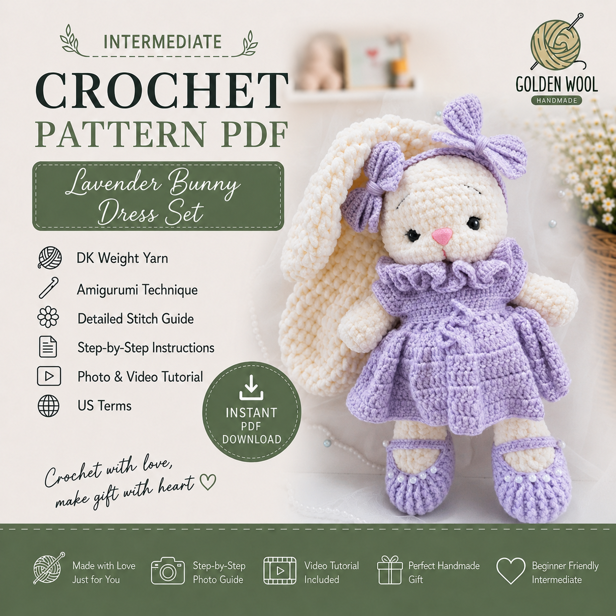 Lavender Bunny Dress Crochet Pattern PDF | Amigurumi Bunny Outfit - Golden Wool