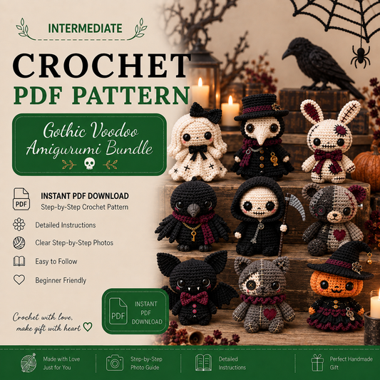 9-in-1 Gothic Voodoo Amigurumi Crochet Pattern Bundle PDF | Spooky Halloween Dolls | Grim Reaper Bat Cat Bunny & More | Digital Download
