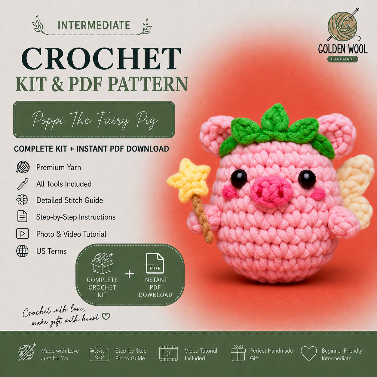 Poppi The Fairy Pig Crochet Kit - Golden Wool