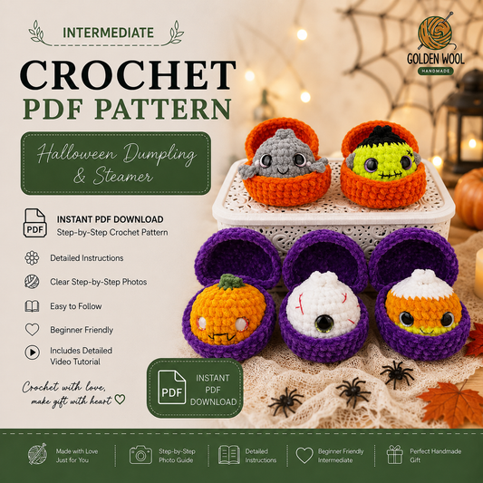 Halloween Dumpling & Steamer Crochet Pattern PDF – Cute Kawaii Amigurumi Plushies | Beginner Digital Download with Step-by-Step Video Tutorial