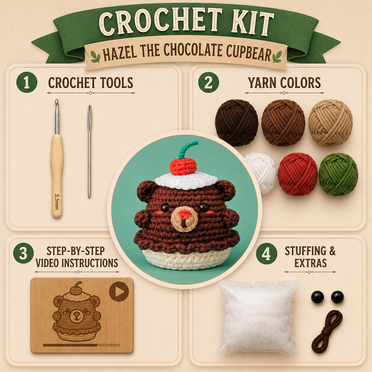 Hazel The Chocolate Cupbear Crochet Kit - Golden Wool