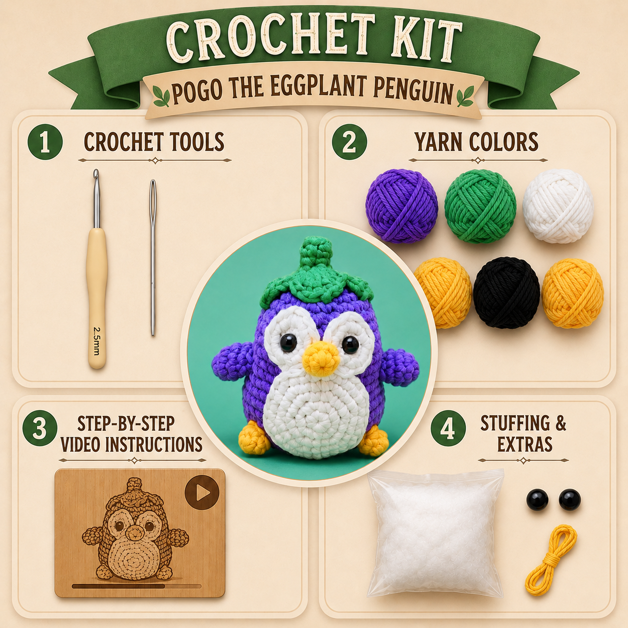 Pogo The Eggplant Penguin Crochet Kit - Golden Wool