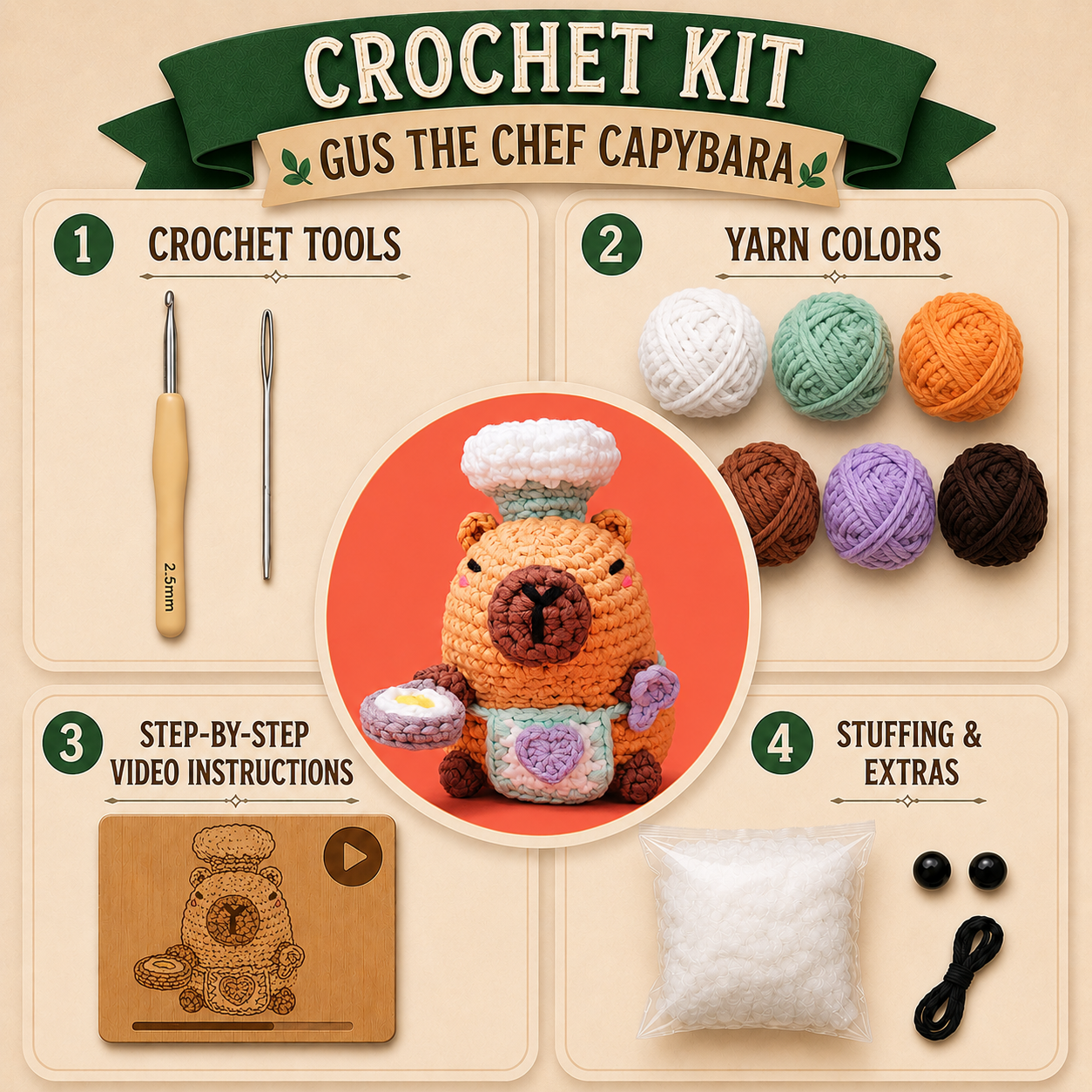 Gus The Chef Capybara Crochet Kit - Golden Wool