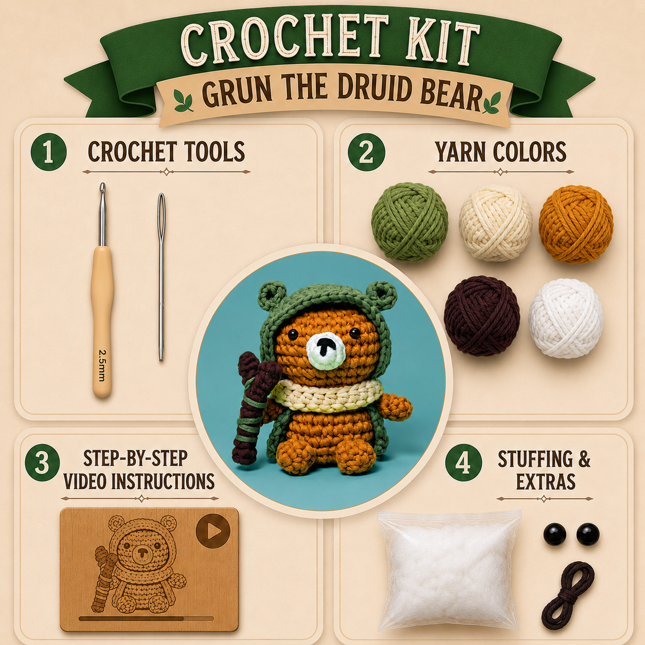 Grun The Druid Bear Crochet Kit - Golden Wool