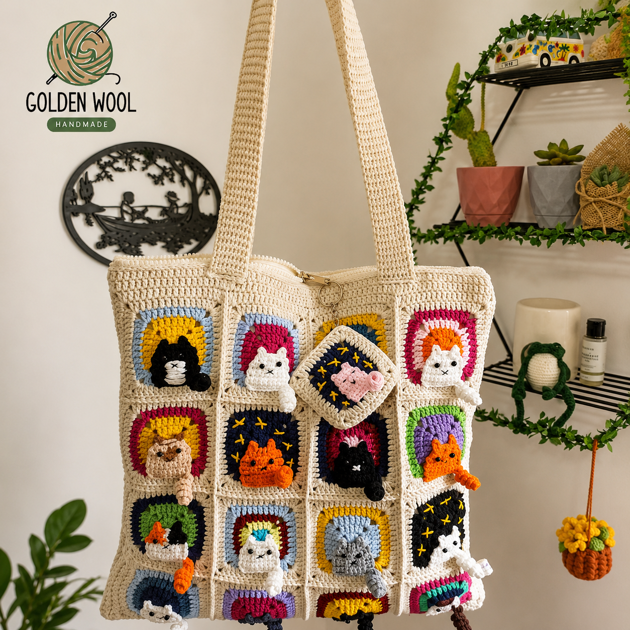 Cat Granny Square Tote Bag Crochet Pattern PDF | Step-by-Step Tutorial with Photos & Video - Golden Wool