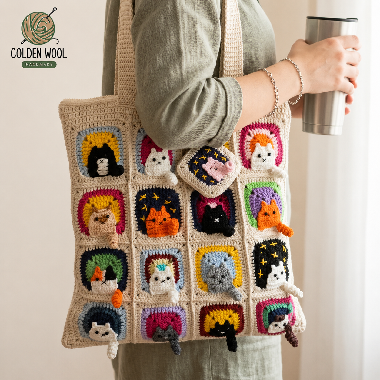 Cat Granny Square Tote Bag Crochet Pattern PDF | Step-by-Step Tutorial with Photos & Video - Golden Wool