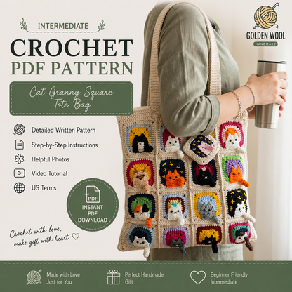 Cat Granny Square Tote Bag Crochet Pattern PDF | Step-by-Step Tutorial with Photos & Video - Golden Wool