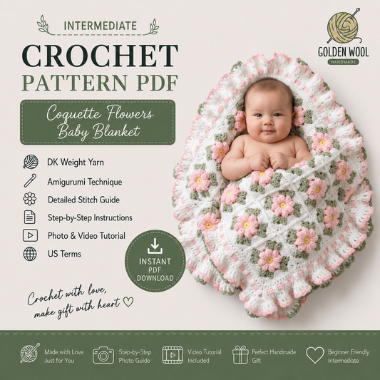 Coquette Flowers Baby Blanket — Crochet Pattern (PDF + Video) | Floral Granny Square Throw - Golden Wool